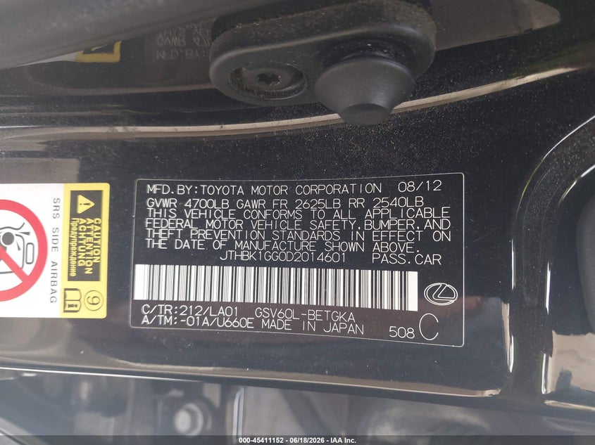2013 Lexus VIN JTHBK1GG0D2014601 IAAI salvage auction — FRONT END, Salvage (California), sold $2,000 on 2026-07-05 (photo 9)