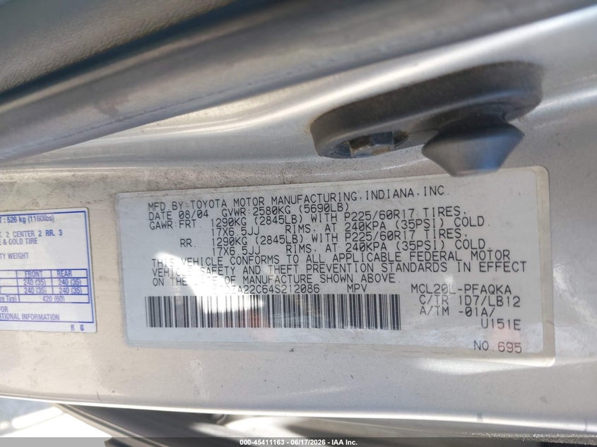 2004 Toyota Sienna VIN 5TDZA22C64S212086 IAAI salvage auction — LEFT REAR, Salvage (California), sold $450 on 2026-07-08 (photo 9)
