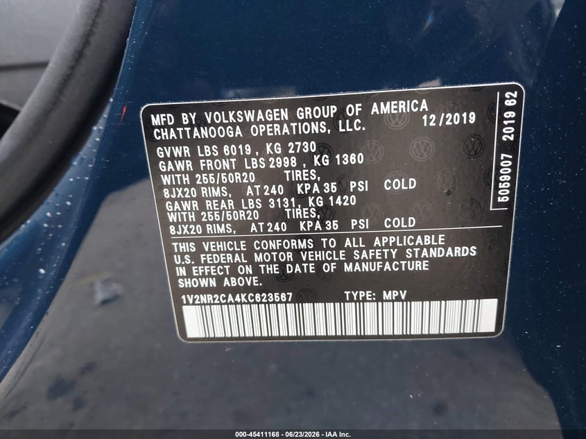 2019 Volkswagen Atlas VIN 1V2NR2CA4KC623567 IAAI salvage auction — FRONT END, Mv-907A (New York), sold $2,000 on 2026-07-09 (photo 9)