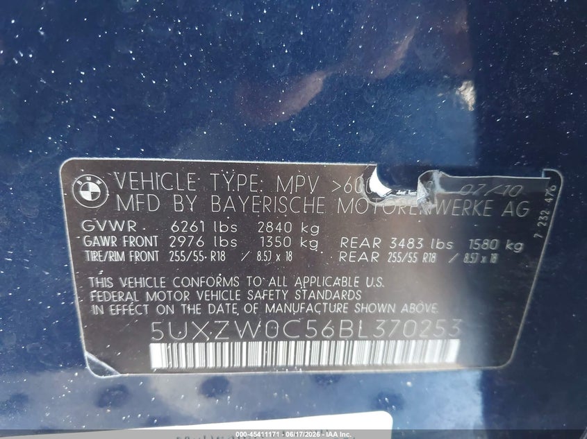 2011 BMW X5 VIN 5UXZW0C56BL370253 IAAI salvage auction — NORMAL WEAR, Clear (Florida), sold $475 on 2026-07-30 (photo 9)