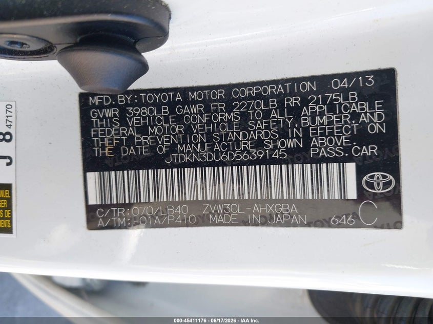 2013 Toyota Prius VIN JTDKN3DU6D5639145 IAAI salvage auction — REAR END, Salvage Title, sold $3,150 on 2026-07-19 (photo 9)