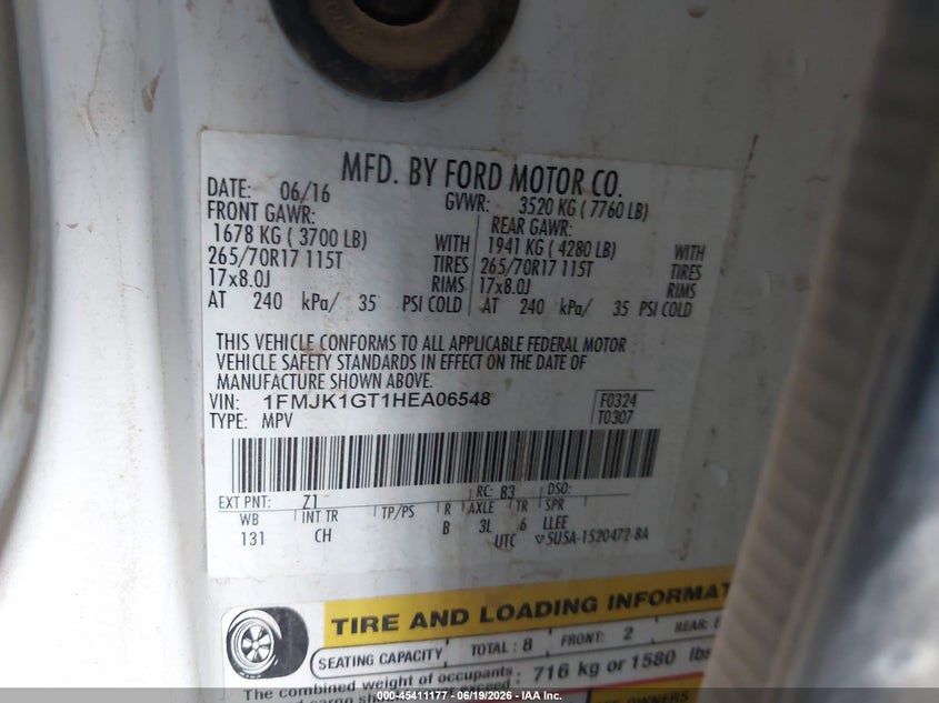 2017 Ford Expedition VIN 1FMJK1GT1HEA06548 IAAI salvage auction — NORMAL WEAR, SF97 (California), sold $11,600 on 2026-07-30 (photo 9)