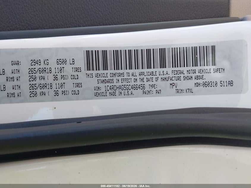 2016 Dodge Durango VIN 1C4RDHAG5GC466456 IAAI salvage auction — NORMAL WEAR, SF97 (California), sold $25 on 2026-07-30 (photo 9)