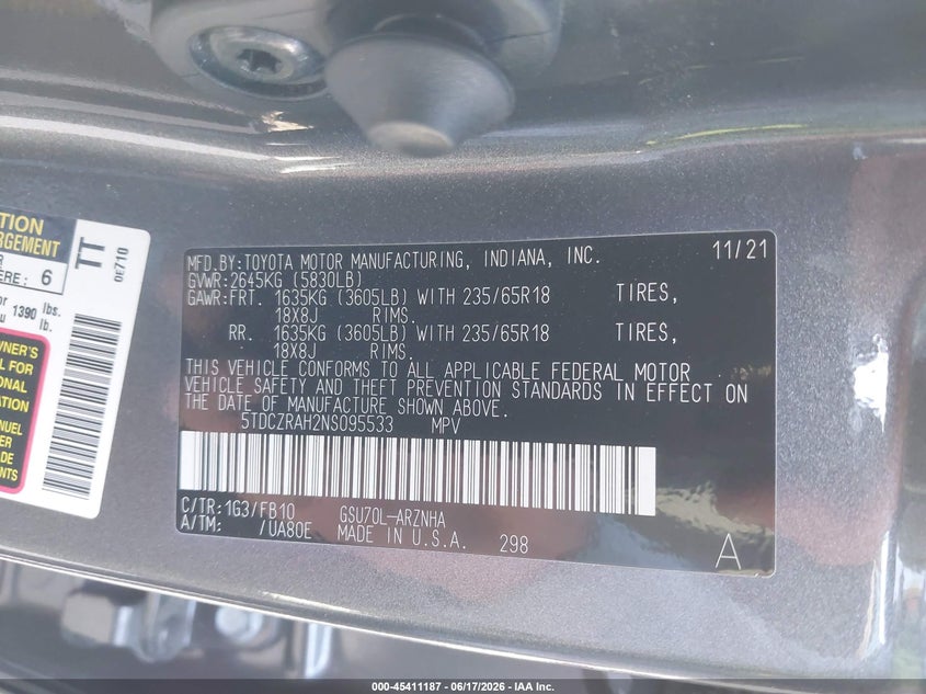 2022 Toyota Highlander VIN 5TDCZRAH2NS095533 IAAI salvage auction — FRONT END, Salvage (California), sold $12,500 on 2026-07-29 (photo 9)