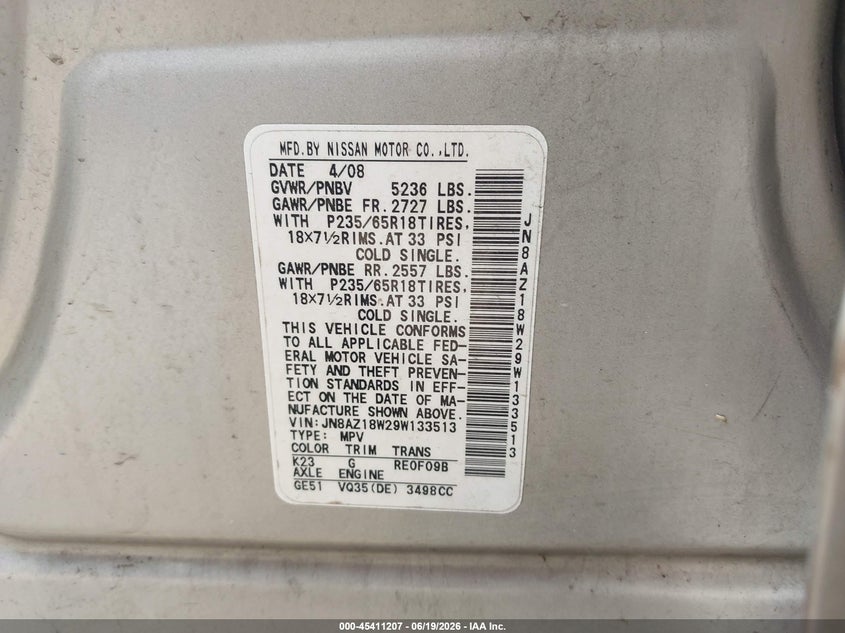 2009 Nissan Murano VIN JN8AZ18W29W133513 IAAI salvage auction — FRONT END, Salvage - Greater Than 75% (Maryland), sold $25 on 2026-07-22 (photo 9)