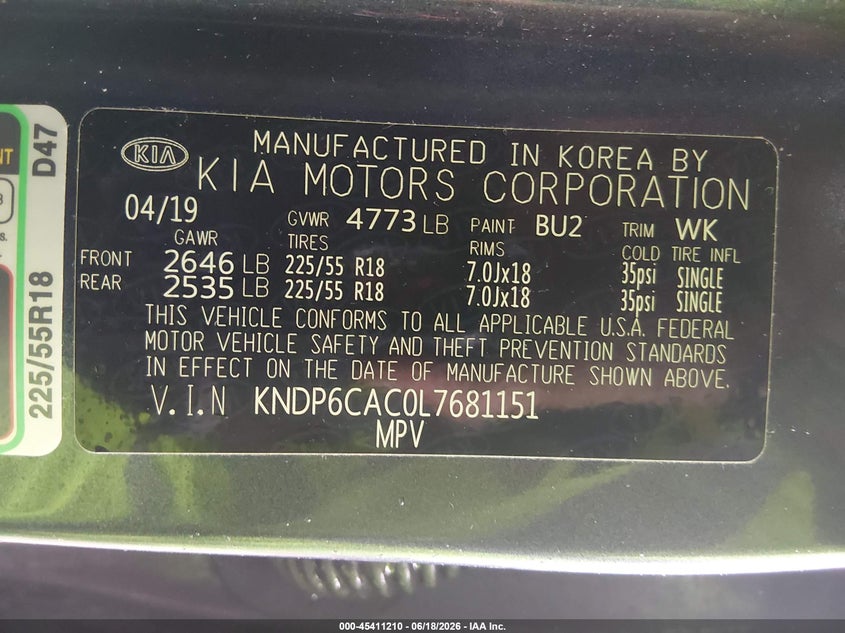 2020 Kia Sportage VIN KNDP6CAC0L7681151 IAAI salvage auction — REAR END, Salvage (West Virginia), sold $3,900 on 2026-07-29 (photo 9)