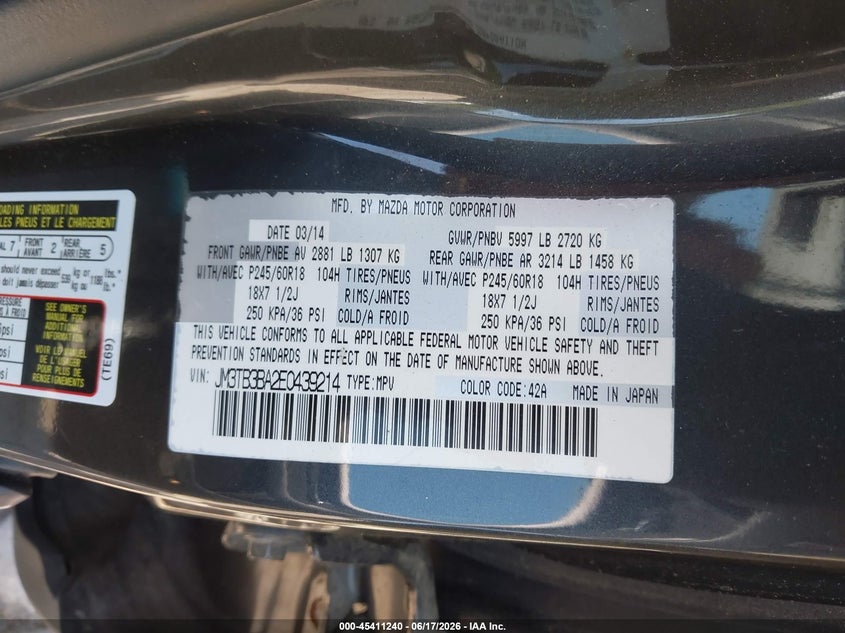 2014 Mazda Cx-9 VIN JM3TB3BA2E0439214 IAAI salvage auction — REAR END, Clear (Virginia), sold $1,025 on 2026-07-24 (photo 9)