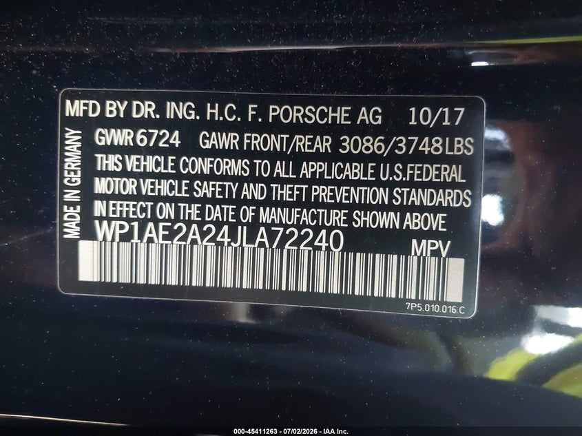 2018 Porsche VIN WP1AE2A24JLA72240 IAAI salvage auction — FRONT END, Salvage, sold $1,750 on 2026-08-12 (photo 9)