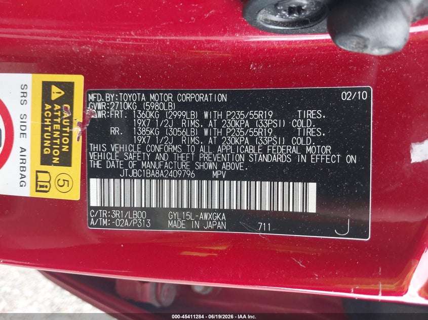 2010 Lexus Rx VIN JTJBC1BA8A2409796 IAAI salvage auction — REAR END, Clear (Massachusetts), sold $3,125 on 2026-07-29 (photo 9)