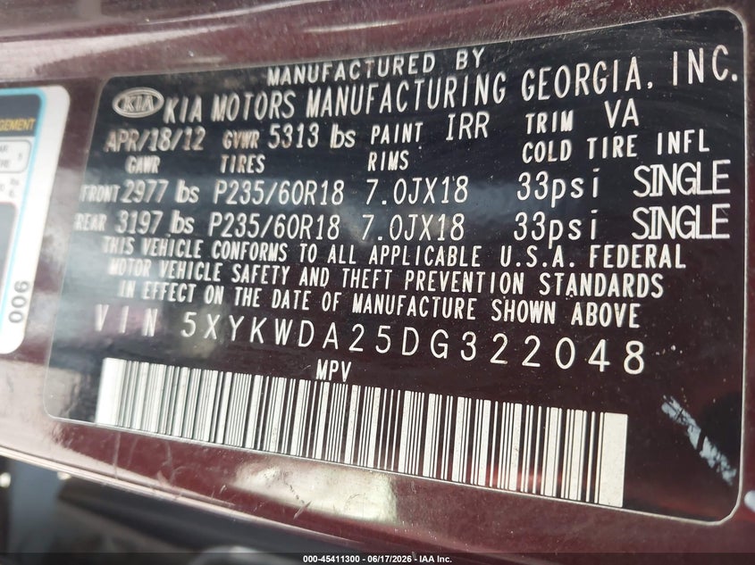 2013 Kia Sorento VIN 5XYKWDA25DG322048 IAAI salvage auction — FRONT END, Clear (Alabama), sold $1,050 on 2026-07-22 (photo 9)