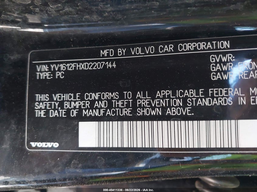 2013 Volvo S60 VIN YV1612FHXD2207144 IAAI salvage auction — NORMAL WEAR, Clear (Washington), sold $450 on 2026-07-12 (photo 9)