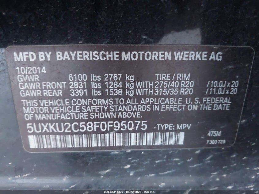 2015 BMW X6 VIN 5UXKU2C58F0F95075 IAAI salvage auction — REAR END, Salvage (California), sold $6,475 on 2026-08-01 (photo 9)