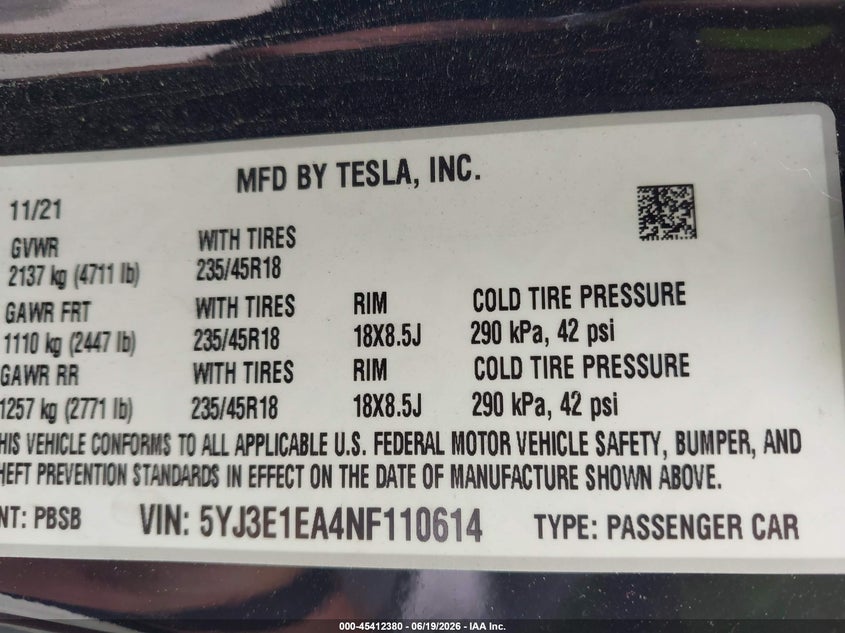 2022 Tesla Model 3 VIN 5YJ3E1EA4NF110614 IAAI salvage auction — FRONT END, Salvage (North Carolina), sold $125 on 2026-07-23 (photo 9)