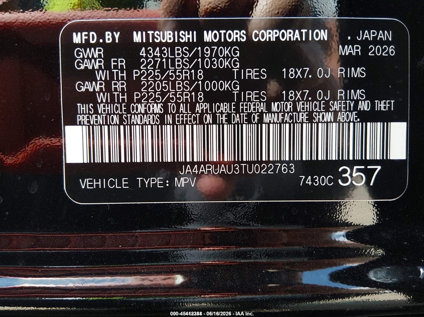 2026 Mitsubishi Outlander VIN JA4ARUAU3TU022763 IAAI salvage auction — FRONT END, Enterprise Vehicles Clear Only (Alabama), sold $11,500 on 2026-07-25 (photo 9)