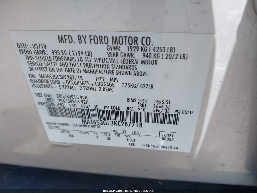 2019 Ford Ecosport VIN MAJ6S3GL3KC287718 IAAI salvage auction — NORMAL WEAR, Original (West Virginia), sold $525 on 2026-07-14 (photo 9)
