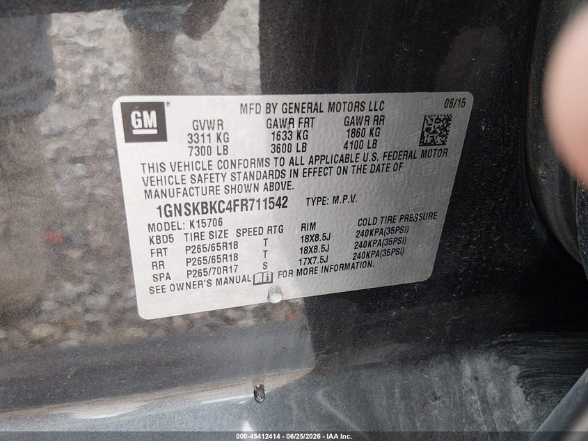 2015 Chevrolet Tahoe VIN 1GNSKBKC4FR711542 IAAI salvage auction — SIDE, Clear (Arkansas), sold $5,100 on 2026-07-25 (photo 9)