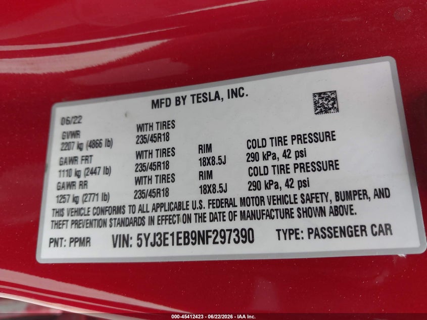 2022 Tesla Model 3 VIN 5YJ3E1EB9NF297390 IAAI salvage auction — FRONT & REAR, Salvage (California), sold $7,800 on 2026-07-13 (photo 9)