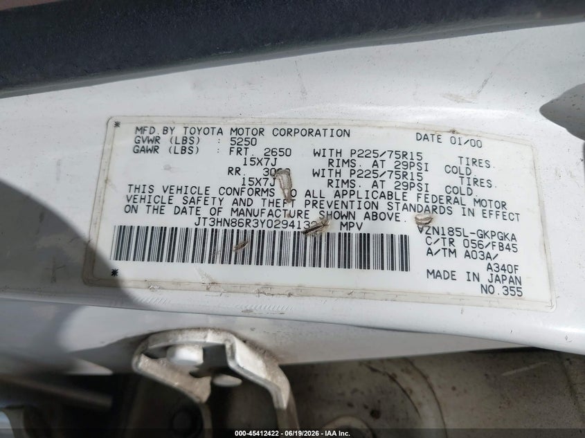 2000 Toyota 4runner VIN JT3HN86R3Y0294132 IAAI salvage auction — NORMAL WEAR, Clear (Indiana), sold $2,250 on 2026-07-09 (photo 9)