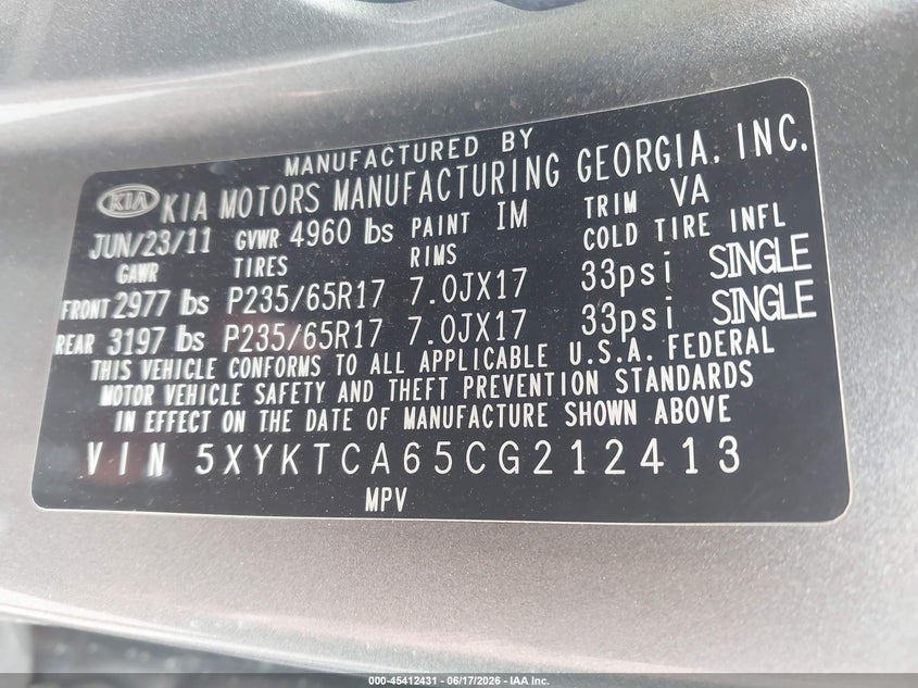 2012 Kia Sorento VIN 5XYKTCA65CG212413 IAAI salvage auction — LEFT SIDE, Clear (New York), sold $275 on 2026-07-08 (photo 9)