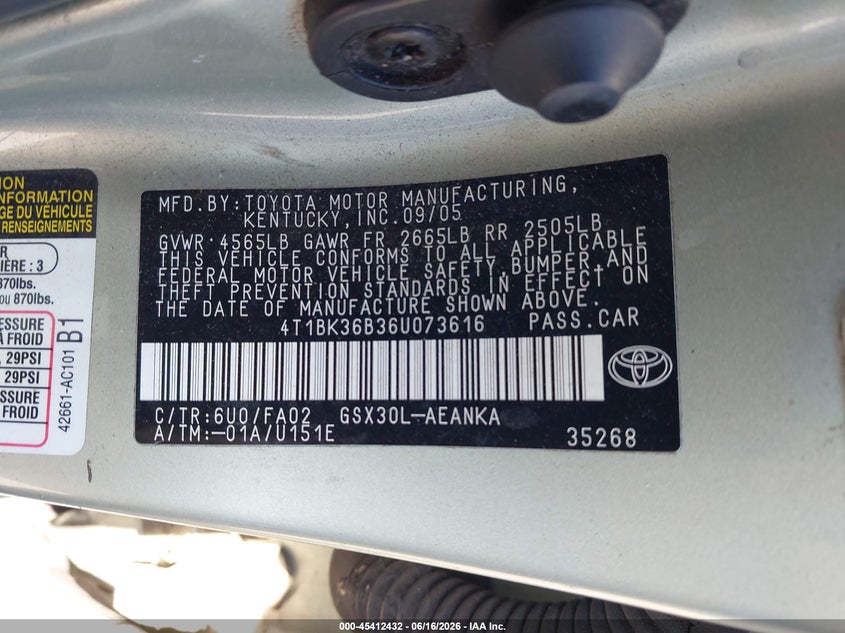 2006 Toyota Avalon VIN 4T1BK36B36U073616 IAAI salvage auction — NORMAL WEAR, Clear - Dealer Only (California), sold $475 on 2026-07-09 (photo 9)