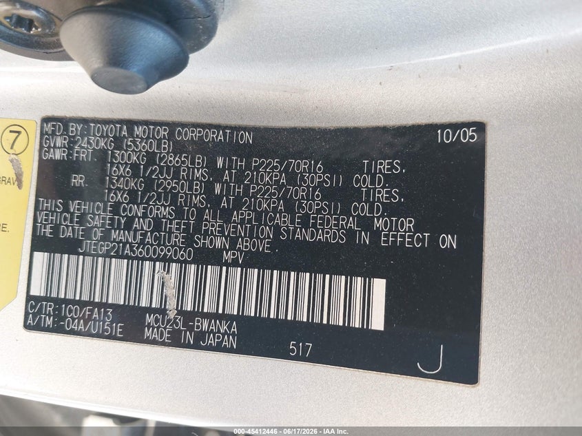 2006 Toyota Highlander VIN JTEGP21A360099060 IAAI salvage auction — NORMAL WEAR, Clear - Dealer Only (California), sold $1,125 on 2026-07-14 (photo 9)