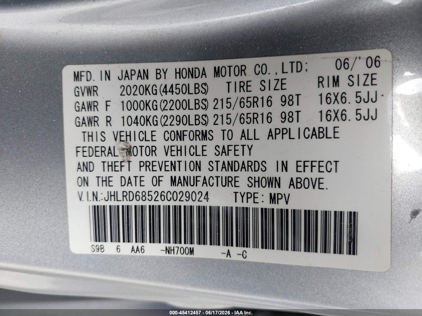 2006 Honda Cr-v VIN JHLRD68526C029024 IAAI salvage auction — SIDE, Salvage (California), sold $1,050 on 2026-07-22 (photo 9)