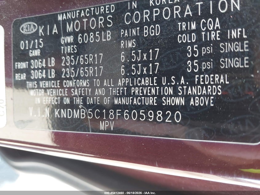 2015 Kia SEDONA VIN KNDMB5C18F6059820 IAAI salvage auction — REAR END, Salvage (California), sold $125 on 2026-07-29 (photo 9)