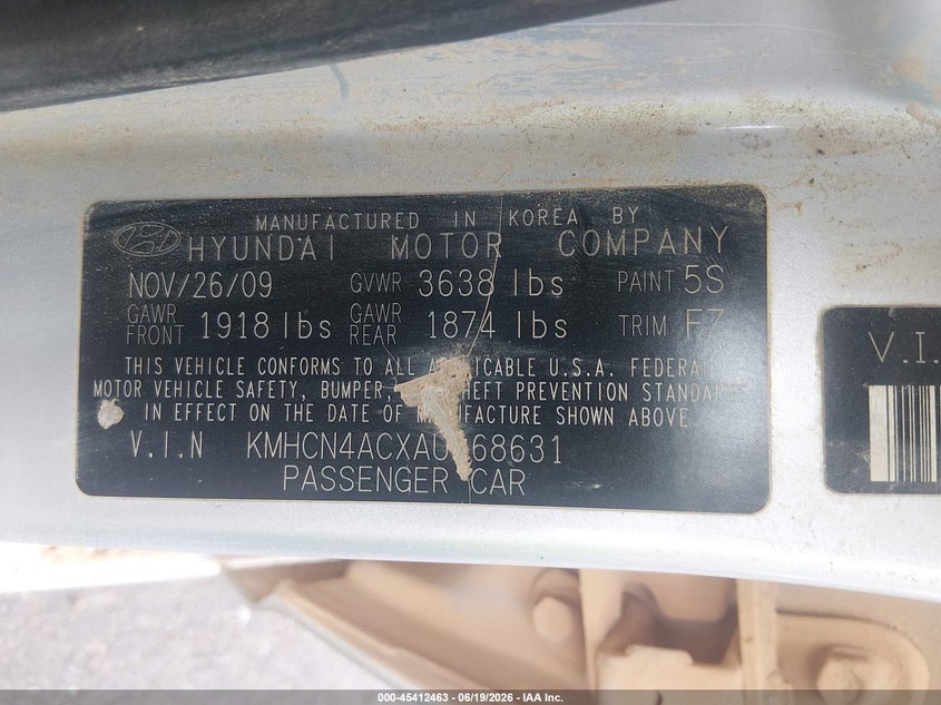 2010 Hyundai Accent VIN KMHCN4ACXAU468631 IAAI salvage auction — LEFT FRONT, Salvage (Mississippi), sold $300 on 2026-07-23 (photo 9)