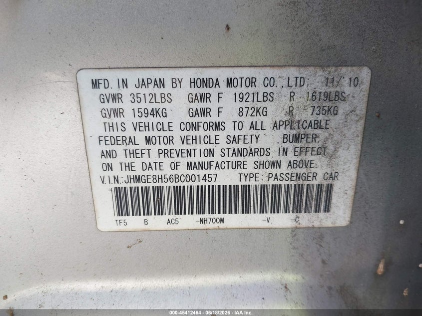2011 Honda Fit VIN JHMGE8H56BC001457 IAAI salvage auction — FRONT END, Clear (Florida), sold $650 on 2026-07-16 (photo 9)