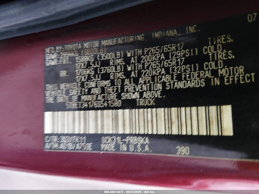 2006 Toyota Tundra VIN 5TBET34176S541580 IAAI salvage auction — NORMAL WEAR, Clear (Pennsylvania), sold $1,375 on 2026-07-07 (photo 9)