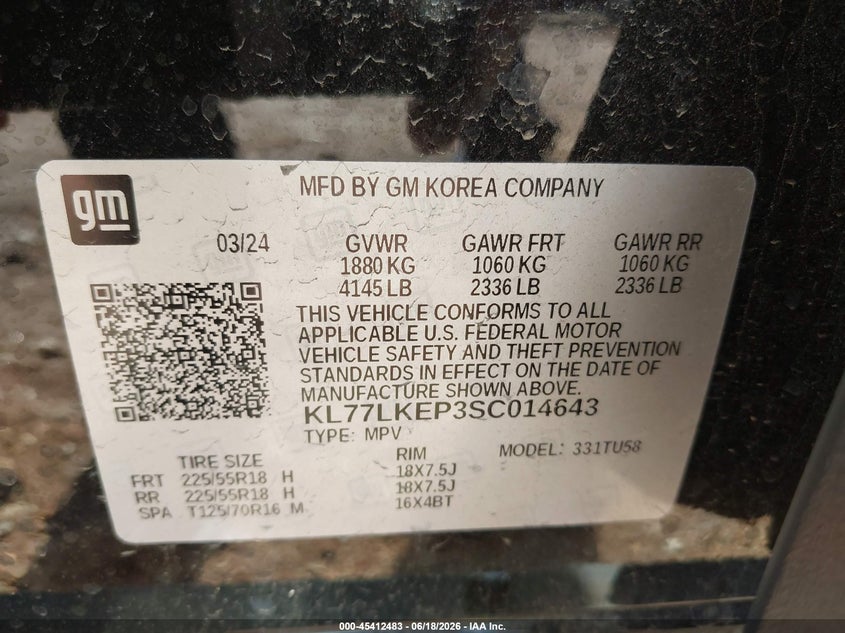 2025 Chevrolet Trax VIN KL77LKEP3SC014643 IAAI salvage auction — HAIL, Clear (Missouri), sold $13,000 on 2026-07-27 (photo 9)