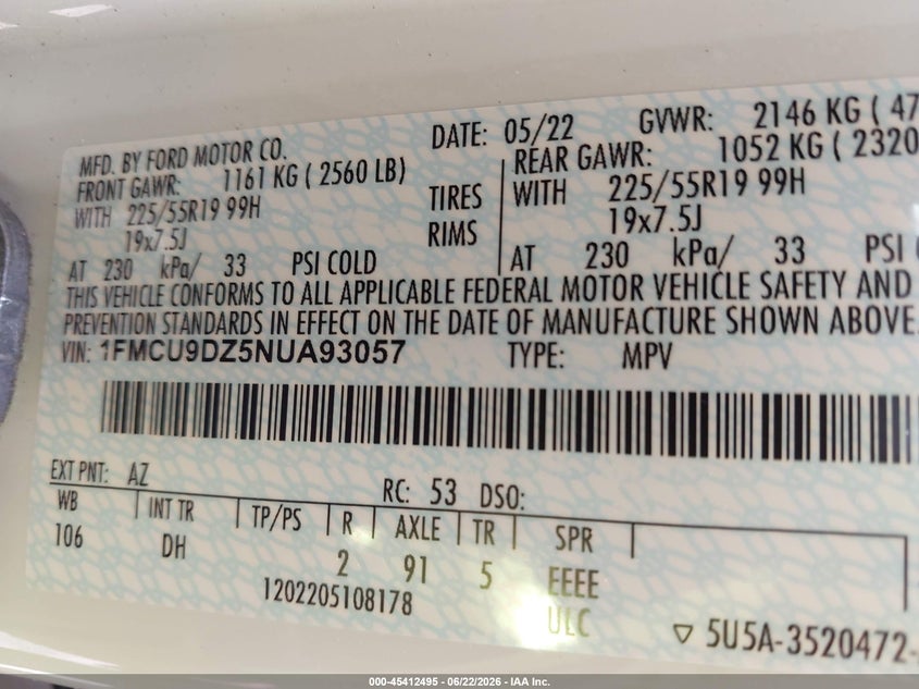 2022 Ford Escape VIN 1FMCU9DZ5NUA93057 IAAI salvage auction — FRONT & REAR, Salvage (North Carolina), sold $7,100 on 2026-07-22 (photo 9)