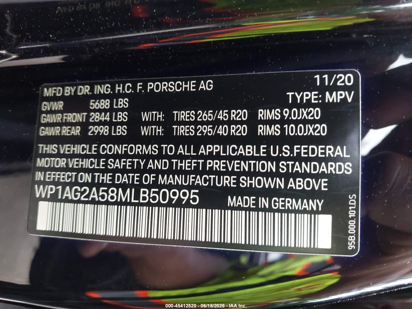 2021 Porsche Macan VIN WP1AG2A58MLB50995 IAAI salvage auction — FRONT END, Salvage (Rhode Island), sold $12,000 on 2026-07-28 (photo 9)