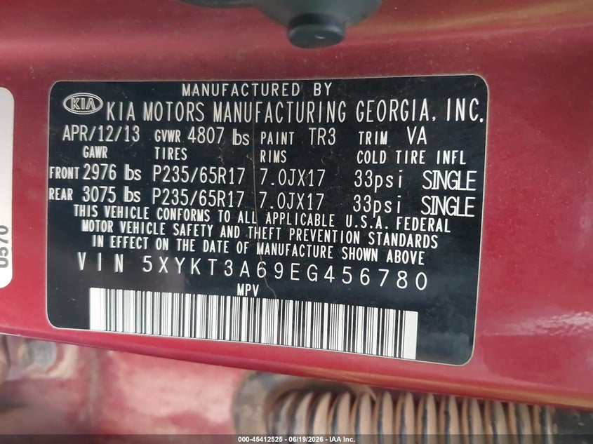 2014 Kia Sorento VIN 5XYKT3A69EG456780 IAAI salvage auction — FRONT & REAR, Salvage Title, sold $700 on 2026-07-24 (photo 9)