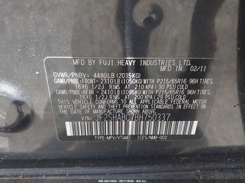 2011 Subaru Forester VIN JF2SHABC7BH750337 IAAI salvage auction — RIGHT FRONT, Nrc Lienholder Repossession Paperwork (Georgia), sold $275 on 2026-07-28 (photo 9)