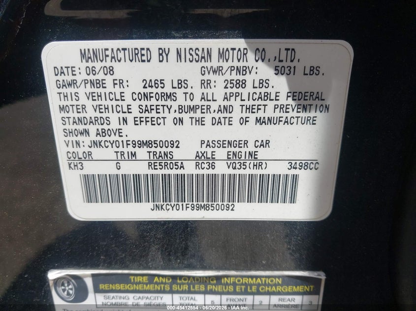 2009 Infiniti M VIN JNKCY01F99M850092 IAAI salvage auction — LEFT SIDE, Salvage (Missouri), sold $500 on 2026-07-22 (photo 9)