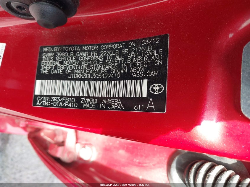 2012 Toyota Prius VIN JTDKN3DU3C5429410 IAAI salvage auction — FRONT END, Salvage (California), sold $575 on 2026-07-23 (photo 9)