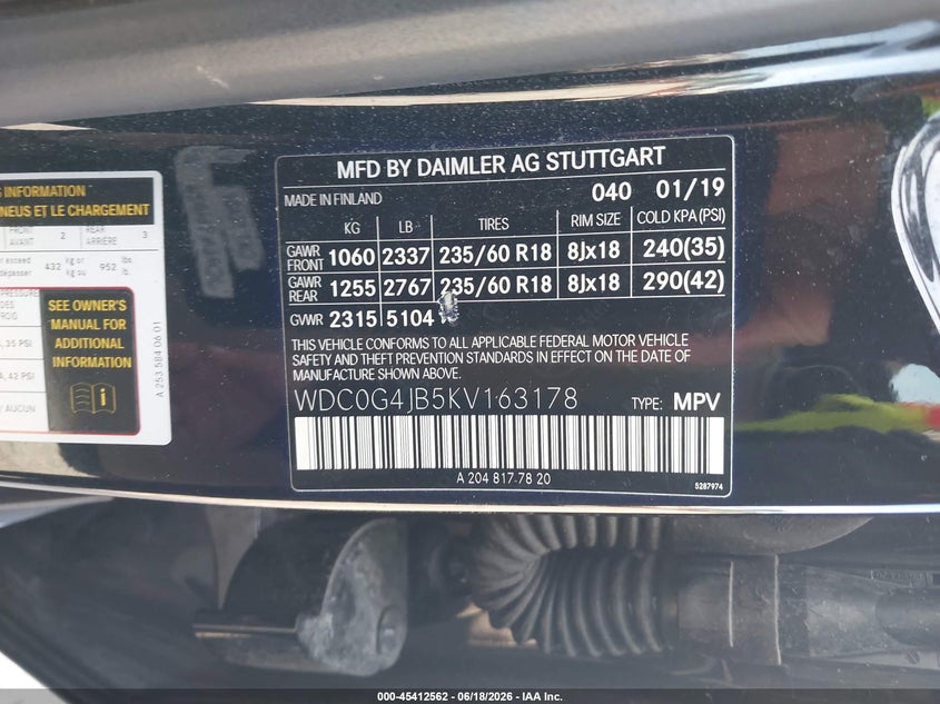 2019 Mercedes-benz Glc VIN WDC0G4JB5KV163178 IAAI salvage auction — FRONT END, Rebuildable (Florida), sold $6,200 on 2026-07-21 (photo 9)
