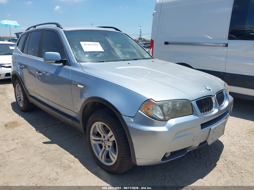 2006 BMW X3 VIN WBXPA93486WG86038 IAAI salvage auction — FRONT & REAR, Clear (Texas), sold $475 on 2026-07-06 (photo 1)