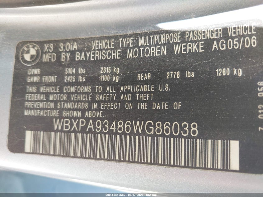 2006 BMW X3 VIN WBXPA93486WG86038 IAAI salvage auction — FRONT & REAR, Clear (Texas), sold $475 on 2026-07-06 (photo 9)