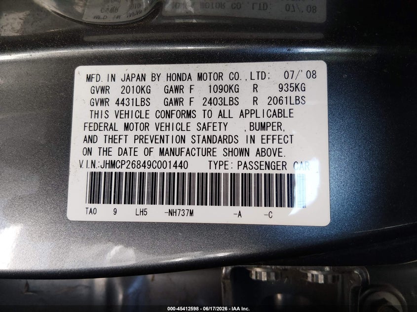 2009 Honda Accord VIN JHMCP26849C001440 IAAI salvage auction — FRONT END, Salvage (California), sold $800 on 2026-07-13 (photo 9)