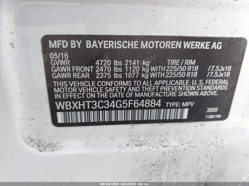 2016 BMW X1 VIN WBXHT3C34G5F64884 IAAI salvage auction — FRONT END, Salvage Title, sold $475 on 2026-07-21 (photo 9)