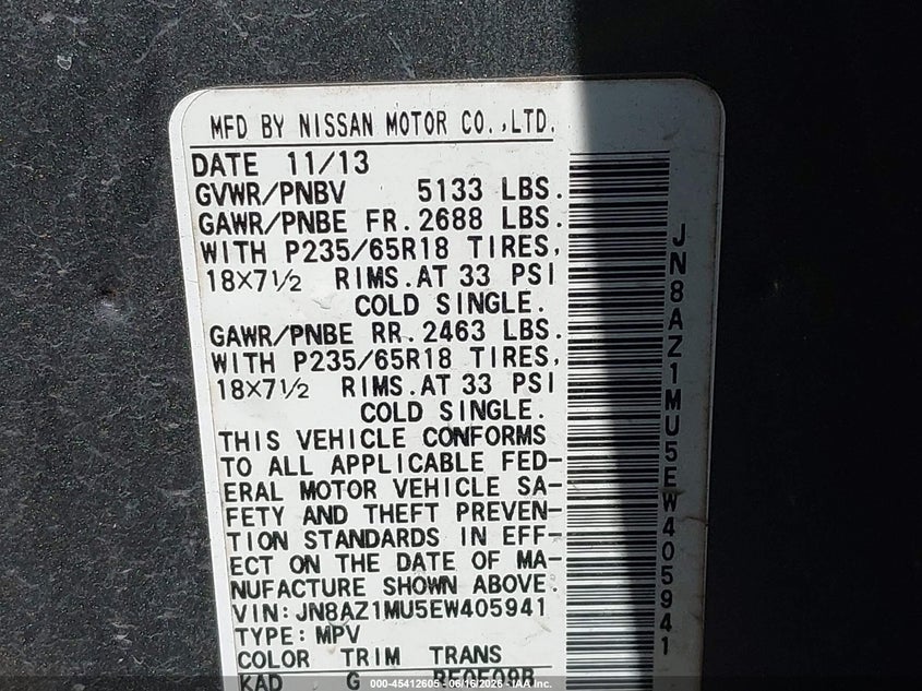 2014 Nissan Murano VIN JN8AZ1MU5EW405941 IAAI salvage auction — NORMAL WEAR, Clear (Colorado), sold $925 on 2026-07-20 (photo 9)
