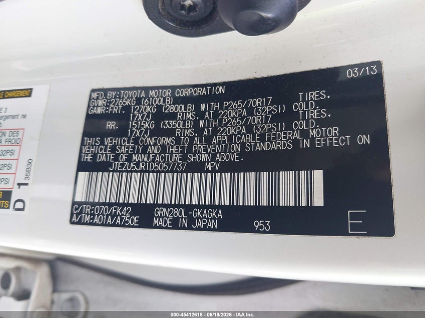 2013 Toyota 4runner VIN JTEZU5JR1D5057737 IAAI salvage auction — REAR END, Salvage (Idaho), sold $8,950 on 2026-07-22 (photo 9)