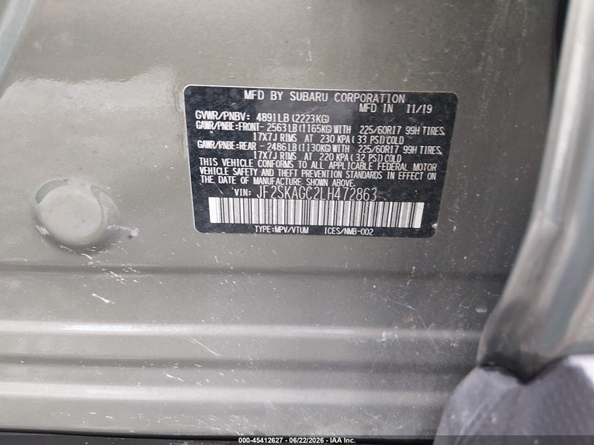 2020 Subaru Forester VIN JF2SKAGC2LH472863 IAAI salvage auction — FRONT END, Salvage (Tennessee), sold $2,800 on 2026-07-16 (photo 9)