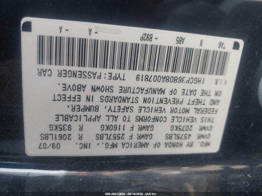 2008 Honda Accord VIN 1HGCP36808A007819 IAAI salvage auction — FRONT & REAR, Clear (Idaho), sold $575 on 2026-07-09 (photo 9)