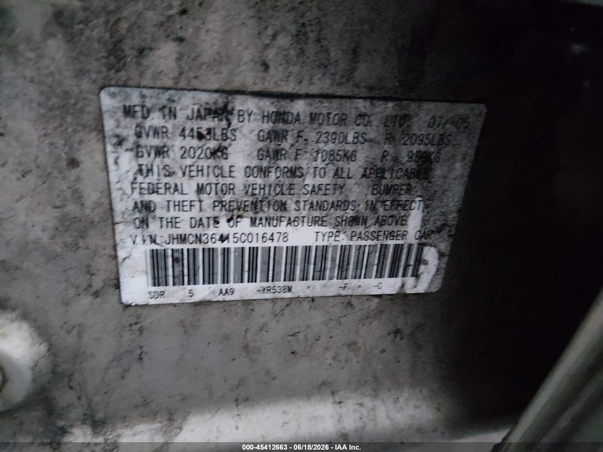 2005 Honda Accord VIN JHMCN36415C016478 IAAI salvage auction — NORMAL WEAR, Clear (Alabama), sold $150 on 2026-07-16 (photo 9)