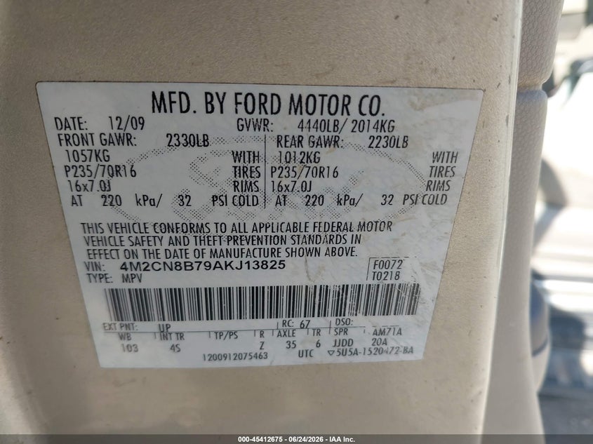 2010 Mercury Mariner VIN 4M2CN8B79AKJ13825 IAAI salvage auction — LEFT FRONT, Nrc Lienholder Repossession Paperwork (Texas), sold $225 on 2026-09-11 (photo 9)