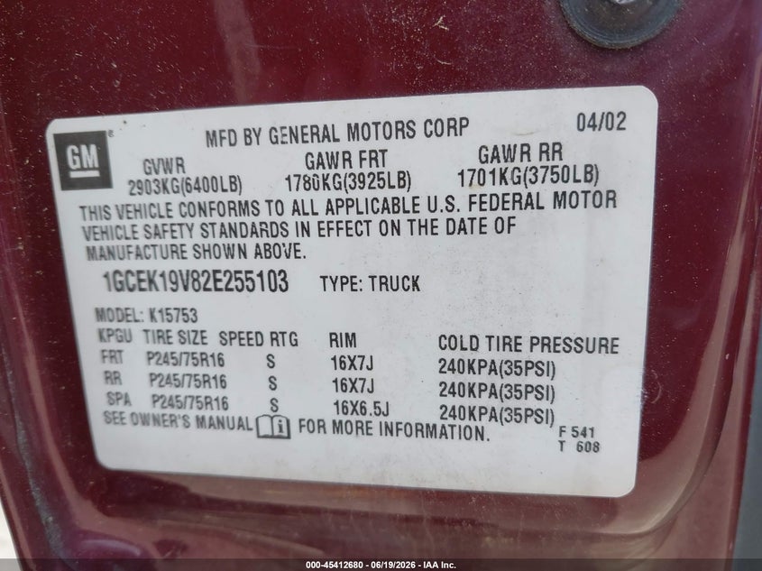 2002 Chevrolet Silverado 1500 VIN 1GCEK19V82E255103 IAAI salvage auction — NORMAL WEAR, Nrc Lienholder Repossession Paperwork (New Hampshire), sold $375 on 2026-07-22 (photo 9)