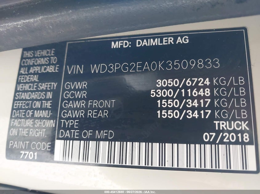 2019 Mercedes-benz Metris VIN WD3PG2EA0K3509833 IAAI salvage auction — NORMAL WEAR, Sf97 (Washington), sold $10,100 on 2026-07-29 (photo 9)
